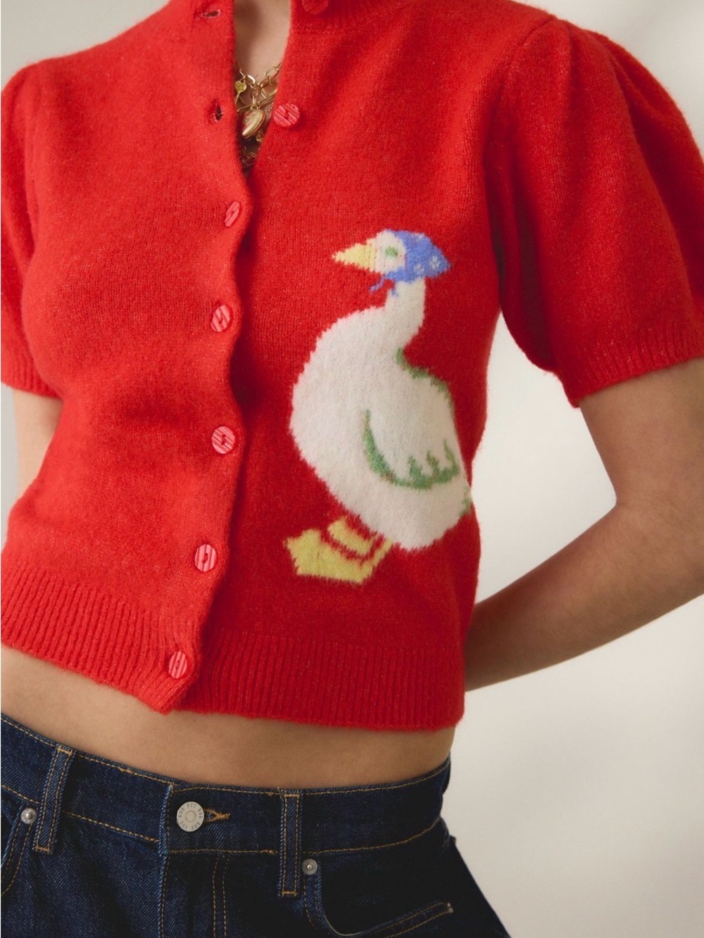 NWOT Urban Outfitters Kimchi Blue Kate Goose Motif Puff Short Sleeve Cardigan, S - Picture 4 of 10